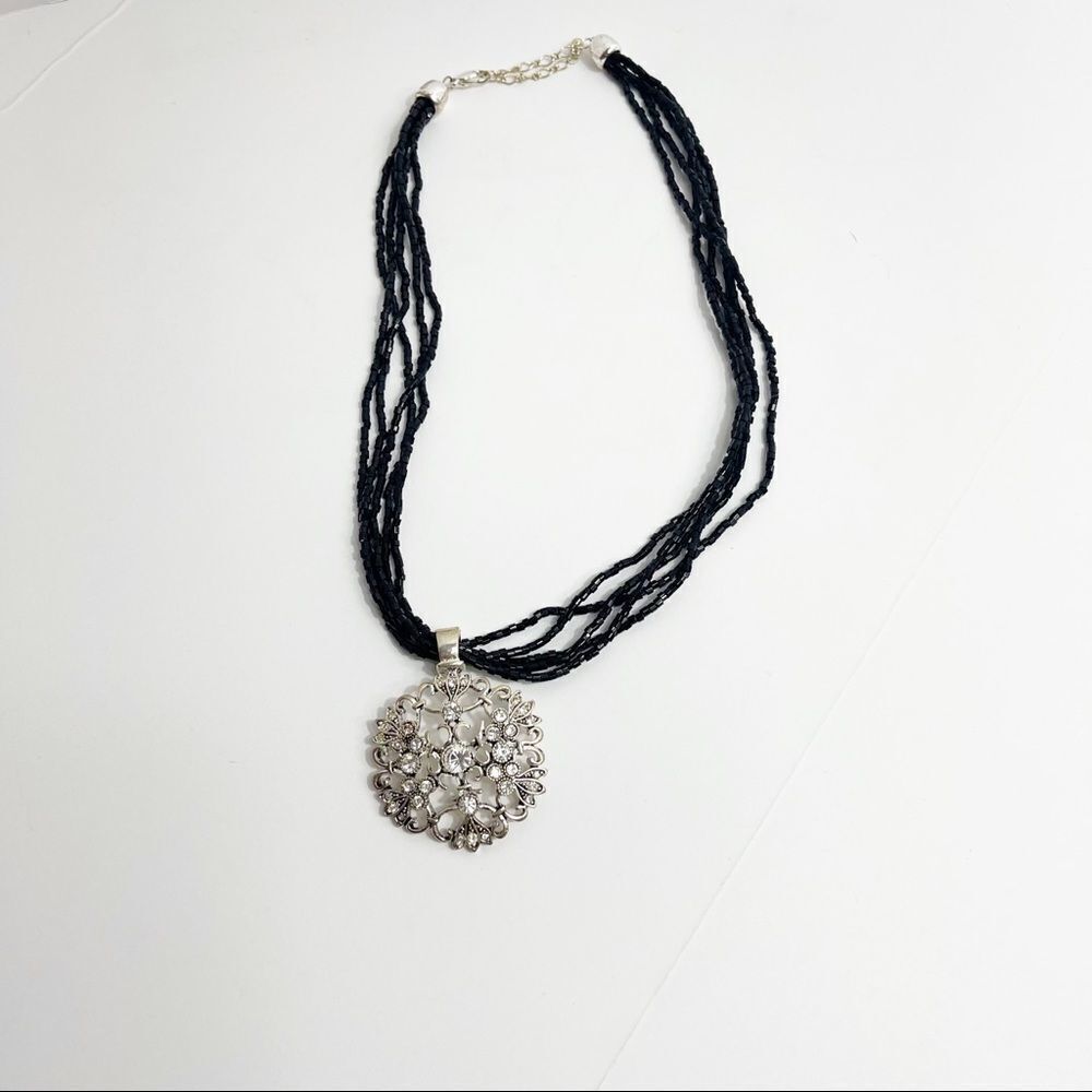 Premier Designs Black multi strand necklace with removable crystal Pendant